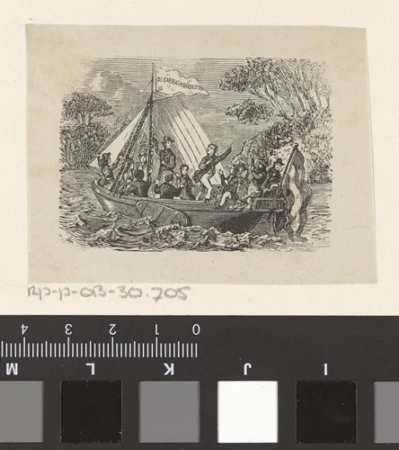 Groep mannen op een schip een vlag hijsend met daarop de tekst ´De Sabbathbreekster´ by Isaac Weissenbruch, print, 1836-1912