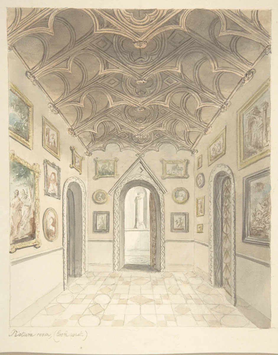 Lea Castle, Worcestershire, Picture Room, Looking West by John Carter, drawing, 1811-1821