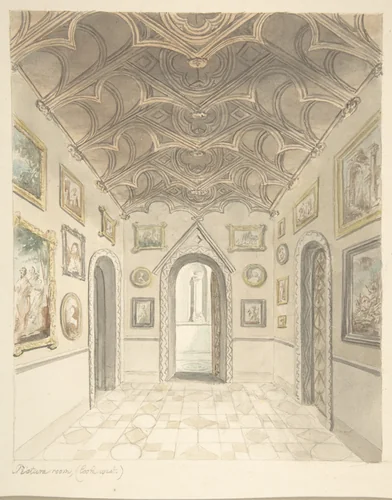Lea Castle, Worcestershire, Picture Room, Looking West by John Carter, drawing, 1811-1821