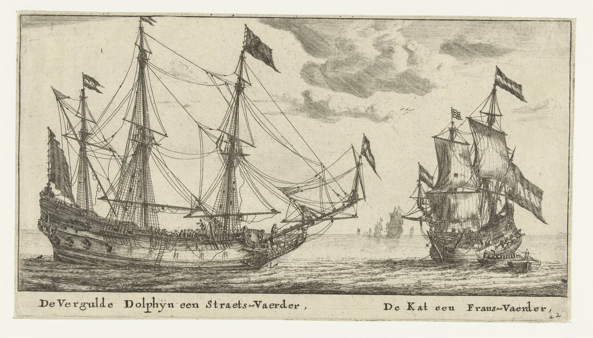 De schepen De Vergulde Dolfijn en De Kat by Reinier Nooms, print, 1652-1654