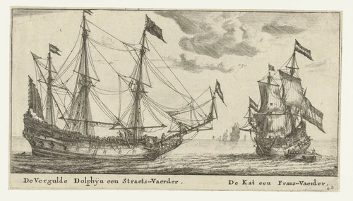 De schepen De Vergulde Dolfijn en De Kat by Reinier Nooms, print, 1652-1654