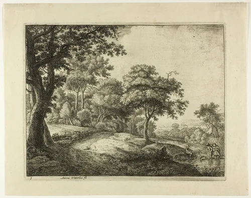 Man and Woman Crossing the Stream by Anthonie Waterloo, print, 1630-1690