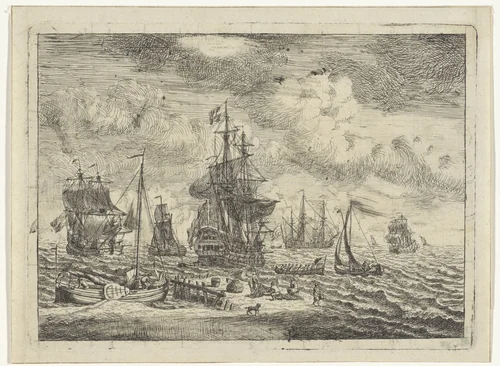 Marine met zeilschepen voor een zandbank by Adam Silo, print, 1689-1760