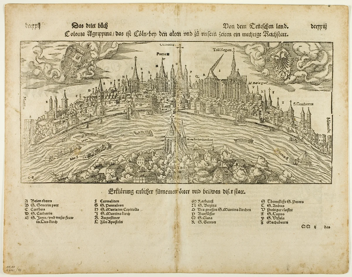 View of Cologne (recto) Man Hanged from a Tree (verso), Two leafs DCCXXI-DCCXXIIII from Kosmographie by S. Münster, plate 45 from Woodcuts from Books of the XVI Century by Hans Rudolf Manuel Deutsch, print, 1564