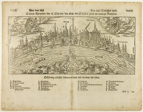 View of Cologne (recto) Man Hanged from a Tree (verso), Two leafs DCCXXI-DCCXXIIII from Kosmographie by S. Münster, plate 45 from Woodcuts from Books of the XVI Century by Hans Rudolf Manuel Deutsch, print, 1564
