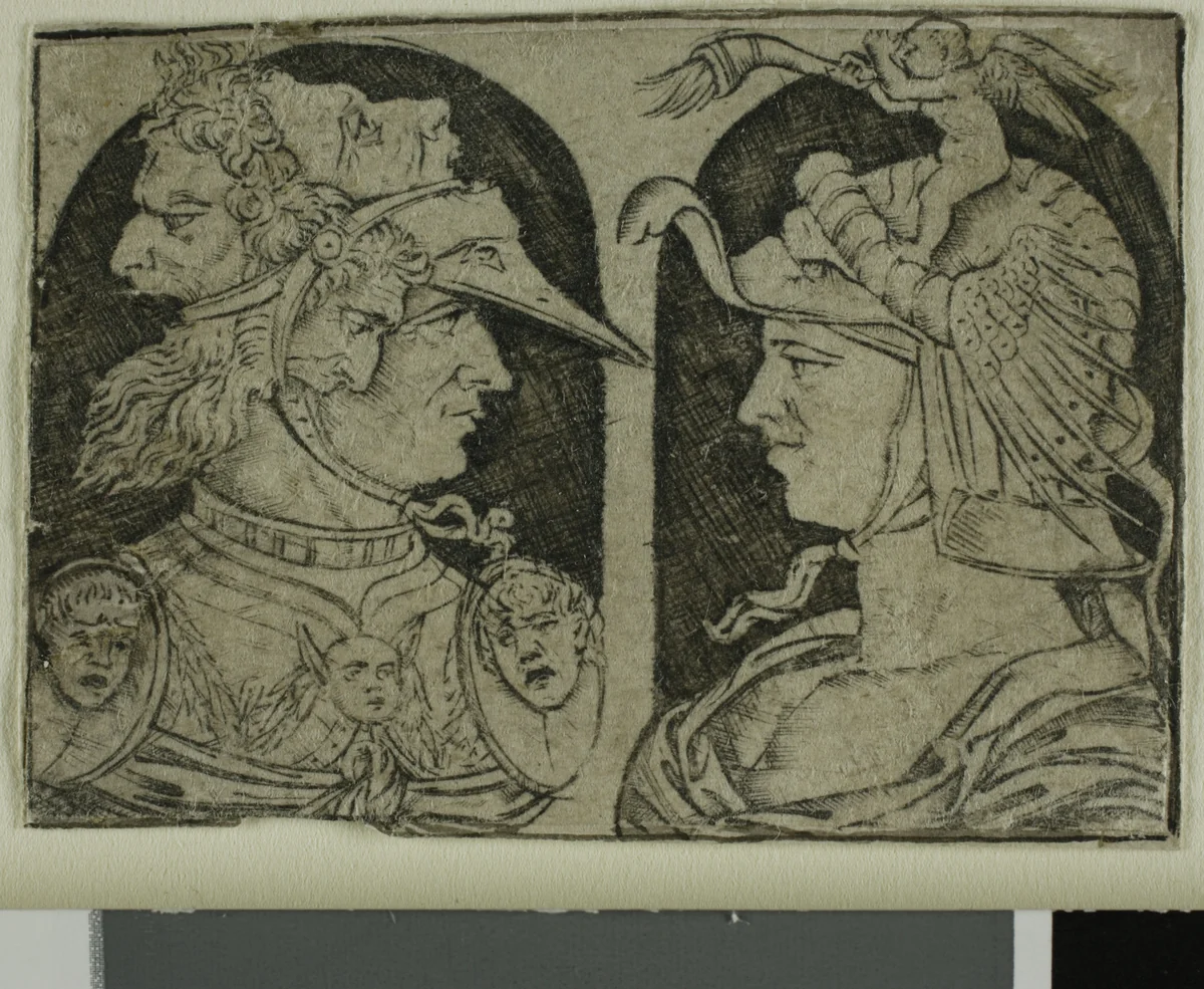 Two Warriors, One with a Winged Genie on His Helmet by Maso Finiguerra, print, 1475-1500