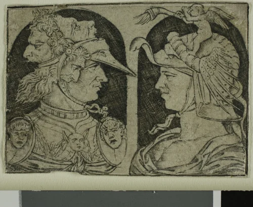 Two Warriors, One with a Winged Genie on His Helmet by Maso Finiguerra, print, 1475-1500