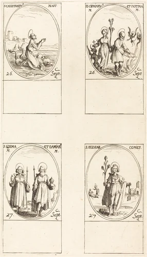 St. Calistratus; Sts. Cyprian and Justina; Sts. Comus and Damian; St. Elzear, Count by Jacques Callot, print, 1627-1637