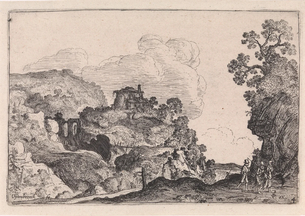 Rotsachtig landschap by anonymous, print, 1613-1650
