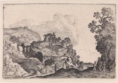 Rotsachtig landschap by anonymous, print, 1613-1650