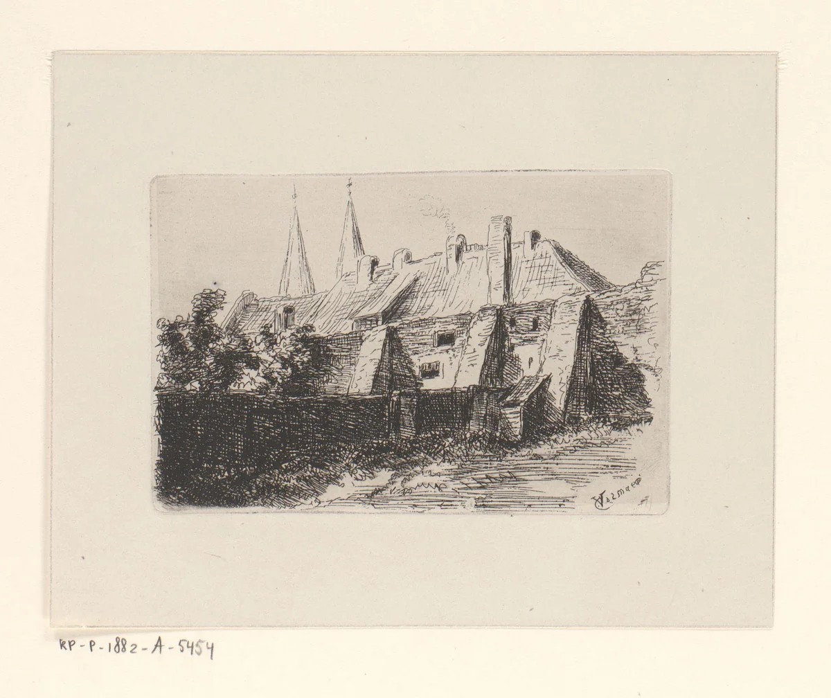 Huizen bij een stadsmuur by Carel Vosmaer, print, 1836-1882