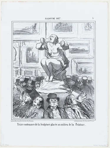 Triste contenance de la Sculpture placée au milieu de la Peinture, from Le Salon de 1857, published in "Le Charivari" by Honoré Daumier, print, 1857