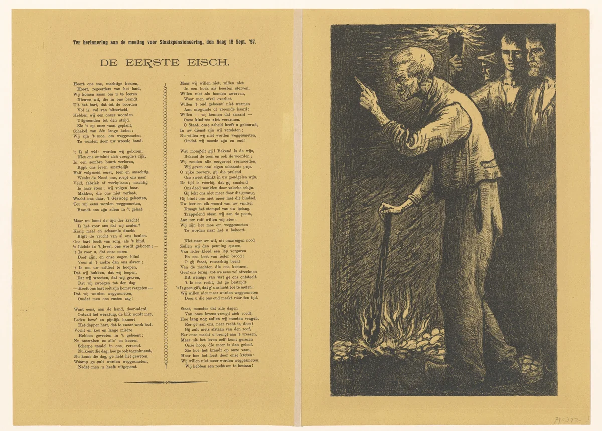 Arbeider met brandende fakkel en opgeheven vinger by Richard Nicolaüs Roland Holst, print, 1898