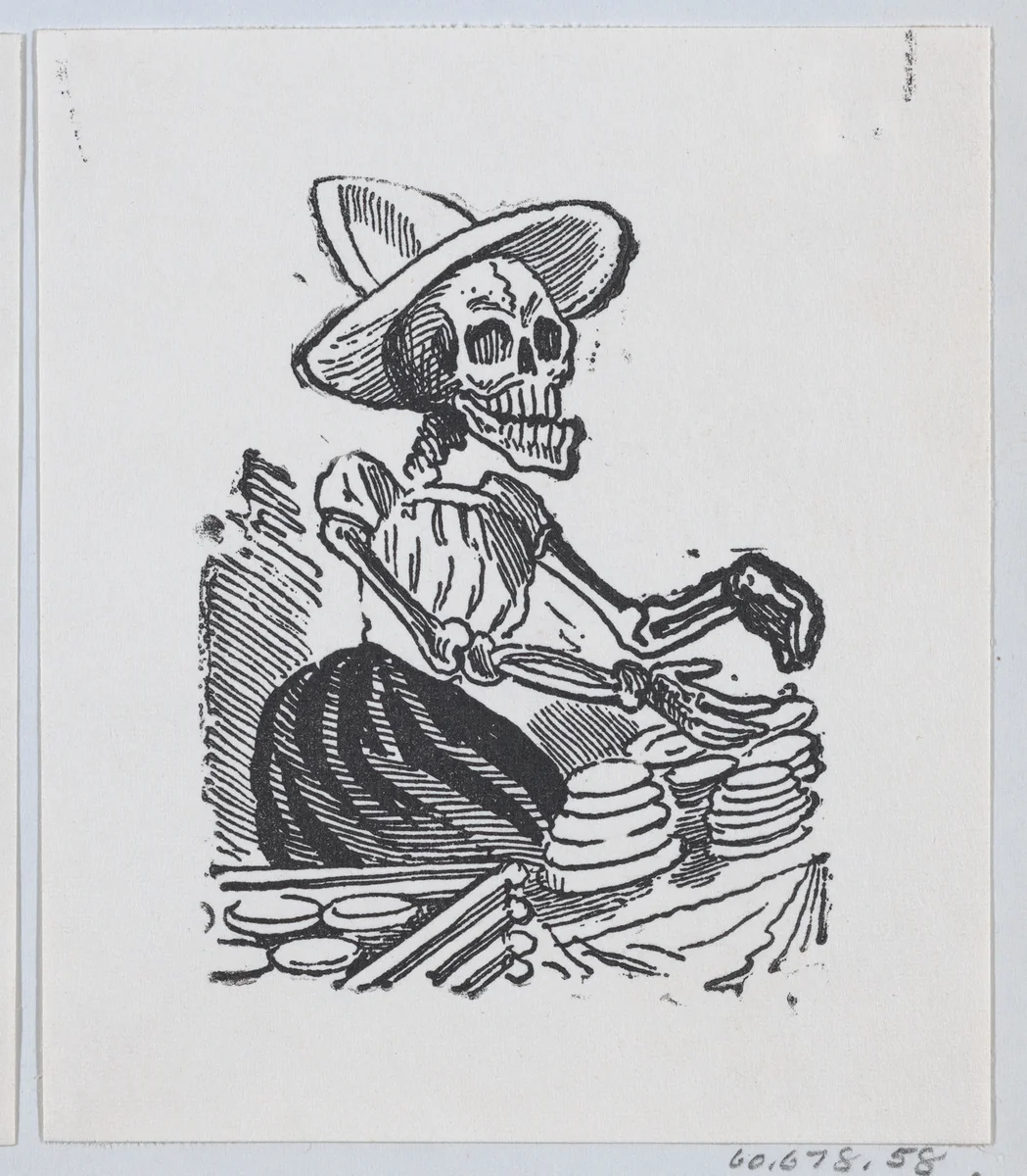 A skeleton selling cheese from a broadside entitled 'Una Calavera Chusca' by José Guadalupe Posada, print, 1875-1885