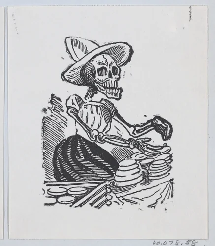 A skeleton selling cheese from a broadside entitled 'Una Calavera Chusca' by José Guadalupe Posada, print, 1875-1885