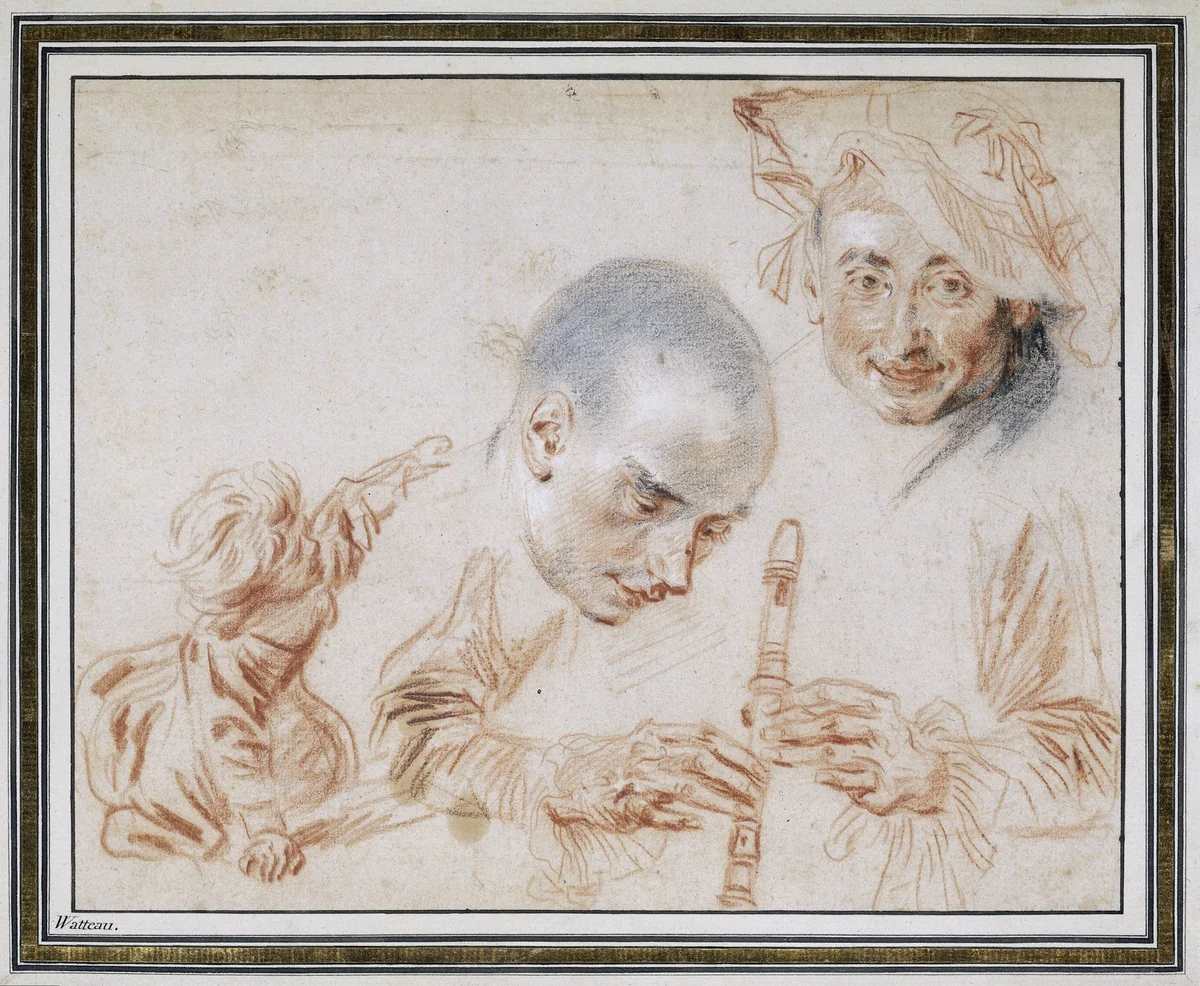 Twee mannenhoofden, twee armen met een blokfluit en een kind by Jean-Antoine Watteau, drawing, 1705-1716