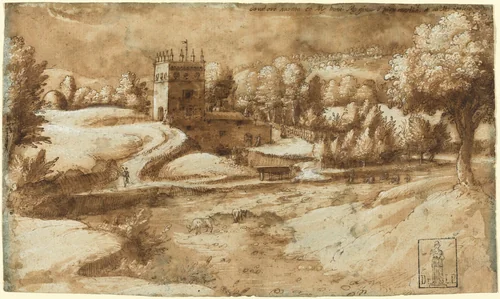 View near Rosora di Serra San Quirico by Gherardo Cibo, drawing, 1512-1600