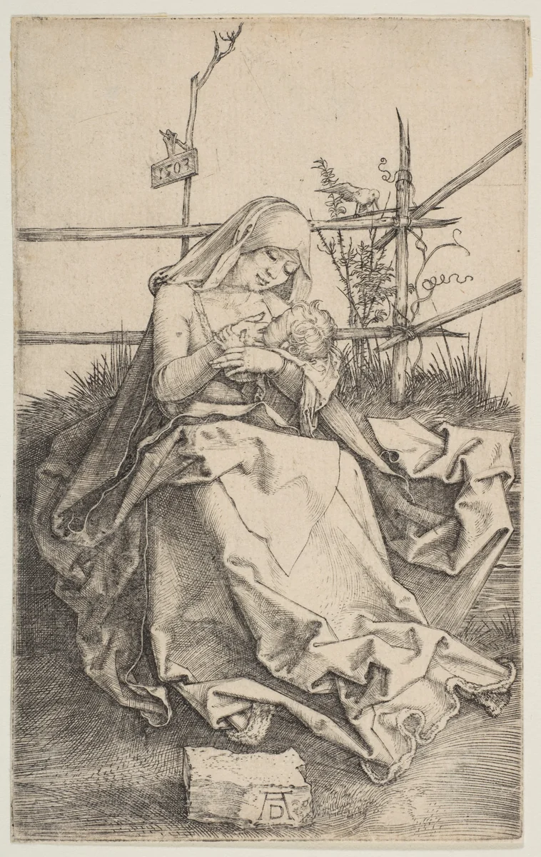 Virgin on a Grassy Bench by Albrecht Dürer, print, 1503