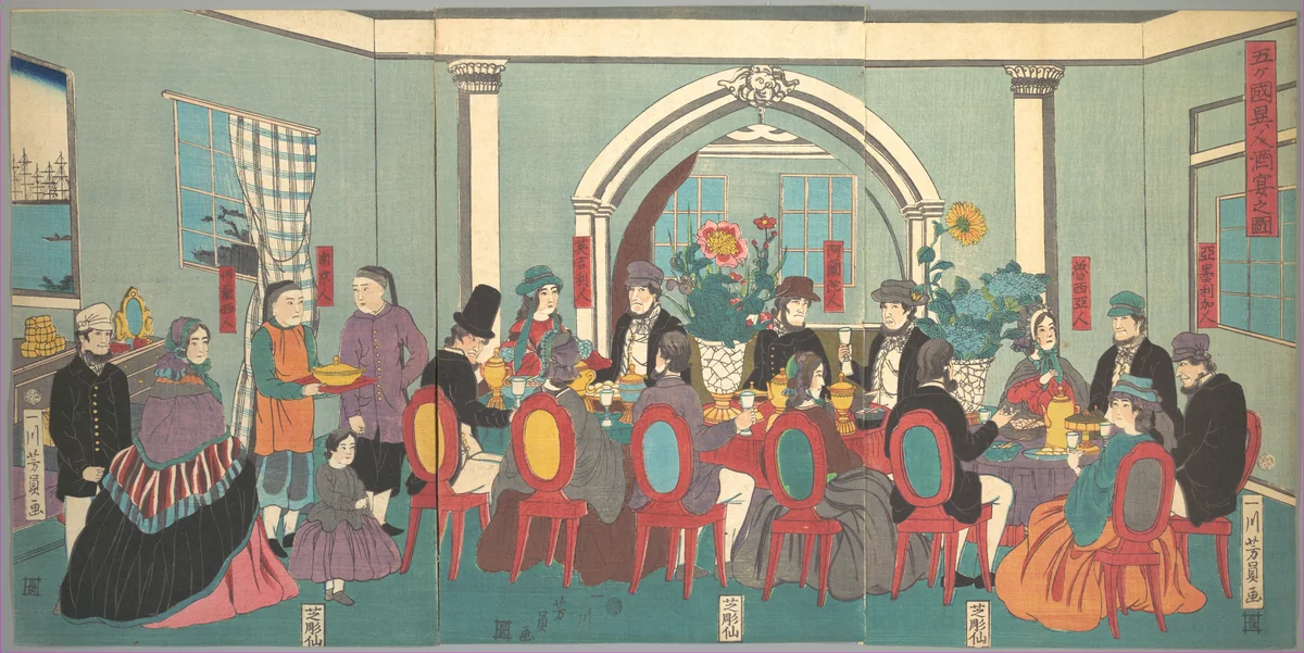Foreigners from the Five Nations Enjoying a Banquet by Utagawa Yoshikazu, print, 1861