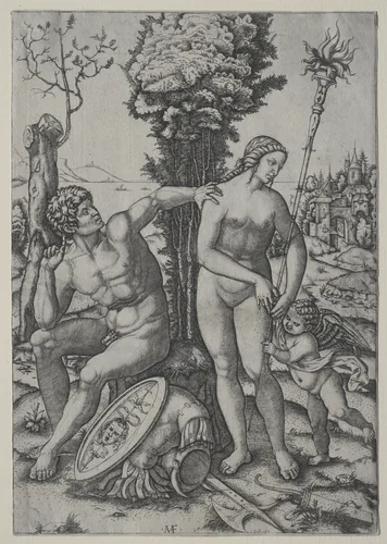 Venus, Mars and Cupid by Marcantonio Raimondi, print, 1508