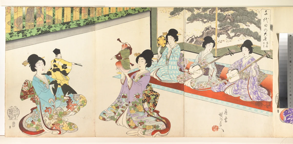 Ladies in Waiting of the Chiyoda Castle: Sword Practice and Puppet Kyōgen by Yōshū Chikanobu (楊洲周延), print, 1895