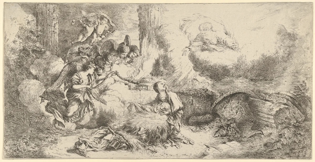 Nativity with God the Father and angels by Giovanni Benedetto Castiglione, print, 1642-1652