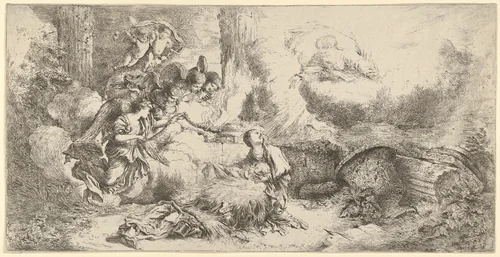 Nativity with God the Father and angels by Giovanni Benedetto Castiglione, print, 1642-1652