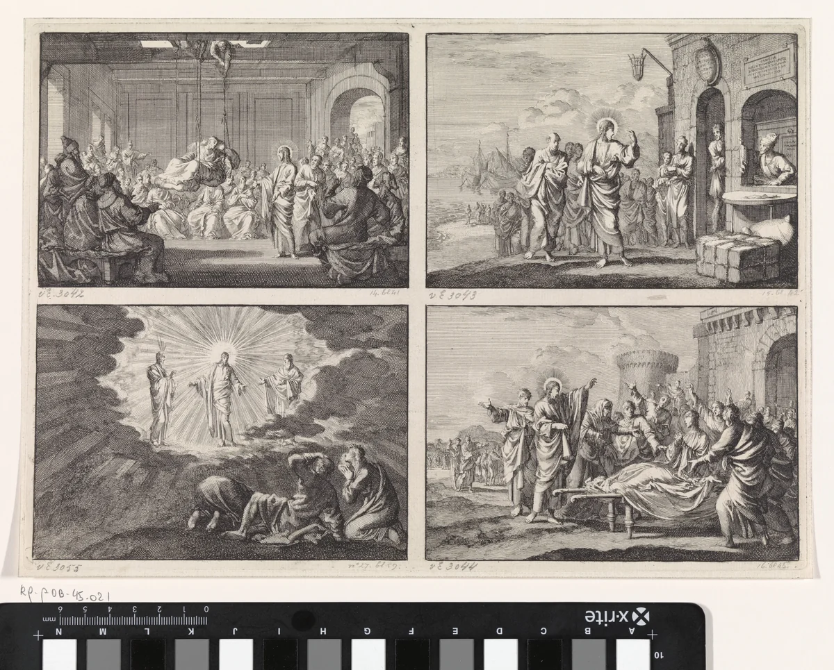 Vier voorstellingen uit het Nieuwe Testament by Jan Luyken, print, 1703