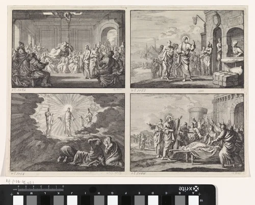 Vier voorstellingen uit het Nieuwe Testament by Jan Luyken, print, 1703