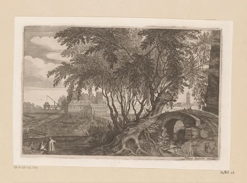 Gezicht op een brug over een rivier by Isaak Major, print, 1586-1630