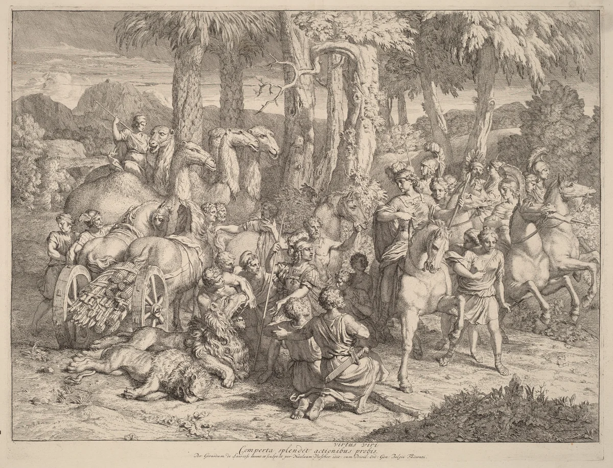 Semiramis on the Lion Hunt by Gerard de Lairesse, print, 1641-1711