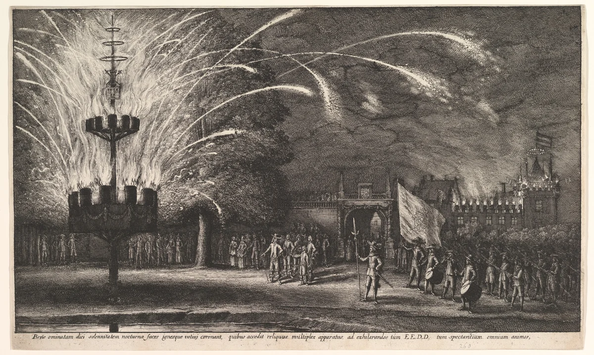 Fireworks at Hemissem by Wenceslaus Hollar, print, 1645-1655