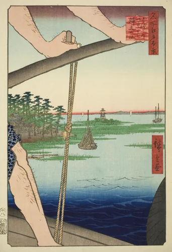 Haneda Ferry and Benten Shrine (Haneda no watashi Benten no yashiro), from the series "One Hundred Famous Views of Edo (Meisho Edo hyakkei)" by Utagawa Hiroshige (歌川広重), print, 1858