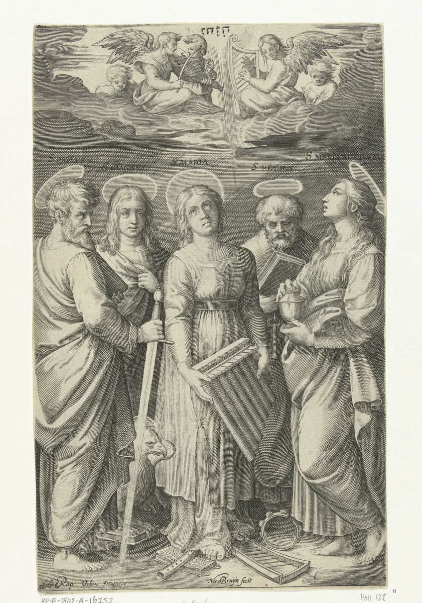 Heiligen Paulus, Johannes, Cecilia, Petrus en Maria Magdalena by Unknown, print, 1581-1656