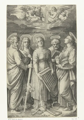 Heiligen Paulus, Johannes, Cecilia, Petrus en Maria Magdalena by Unknown, print, 1581-1656