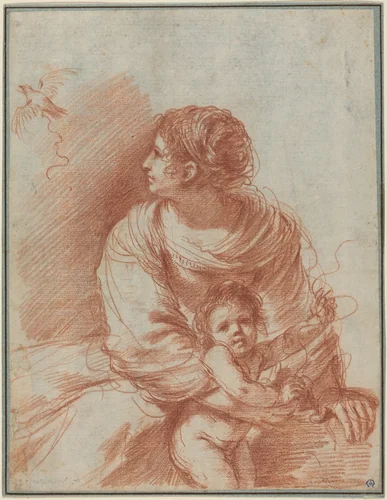 The Madonna and Child with an Escaped Goldfinch by Guercino, drawing, 1630-1635