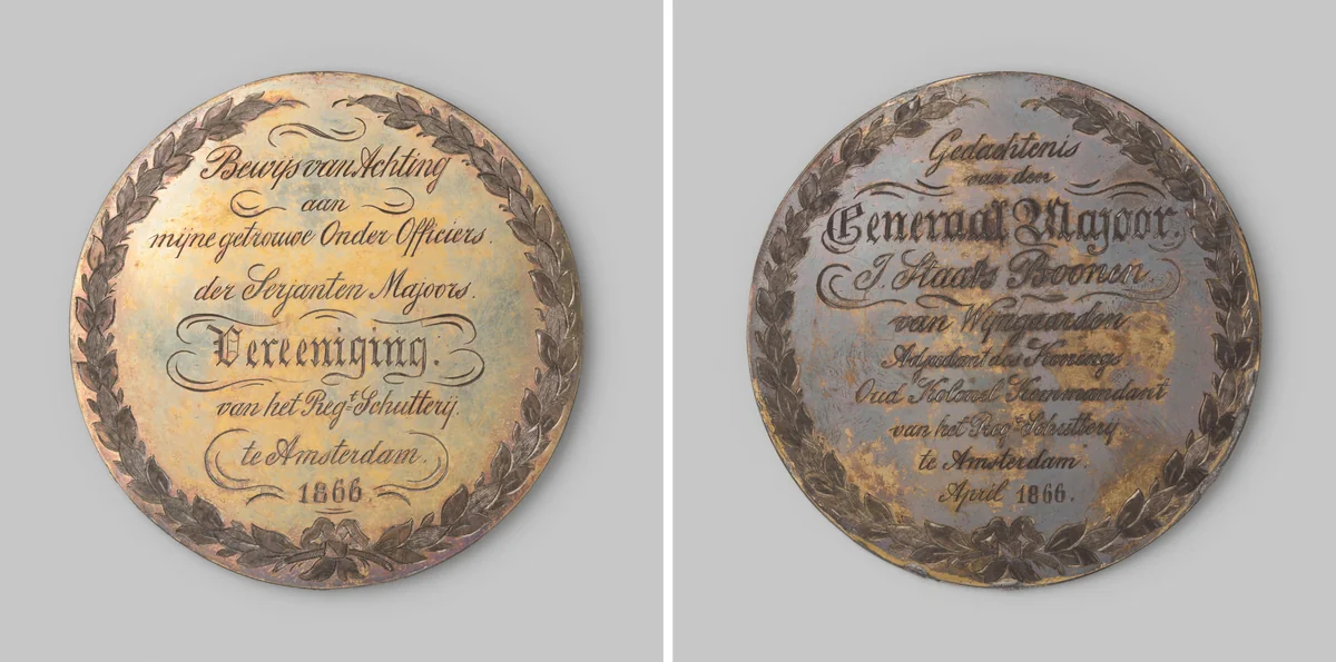 Gedenkpenning door generaal-majoor J. Staats Boonen vereerd aan de Sergeant-majoors Vereeniging van het regiment schutterij te Amsterdam by anonymous, metalwork, 1866