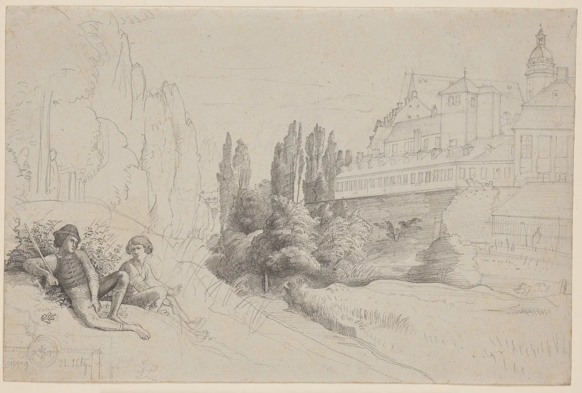 View across the Moat towards the Thomasschule and the Thomaskirche in Leipzig by Julius Schnorr von Carolsfeld, drawing, 1817