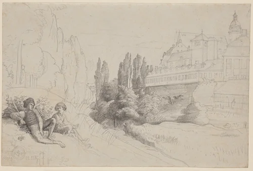 View across the Moat towards the Thomasschule and the Thomaskirche in Leipzig by Julius Schnorr von Carolsfeld, drawing, 1817