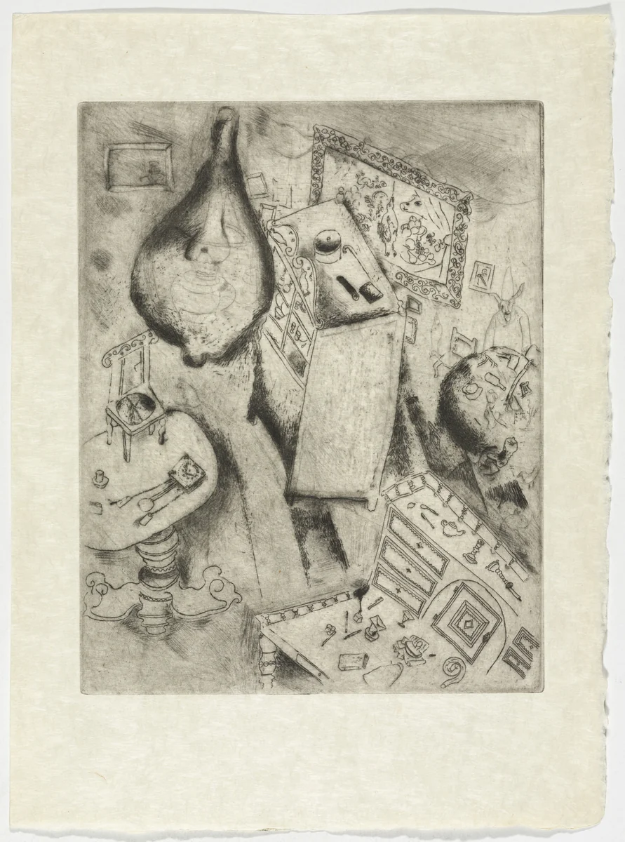 Pliouchkine's Room (La Chambre de Pliouchkine), plate XLI (supplementary suite) from Les Âmes mortes by Marc Chagall, illustrated book, 1923