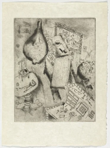 Pliouchkine's Room (La Chambre de Pliouchkine), plate XLI (supplementary suite) from Les Âmes mortes by Marc Chagall, illustrated book, 1923