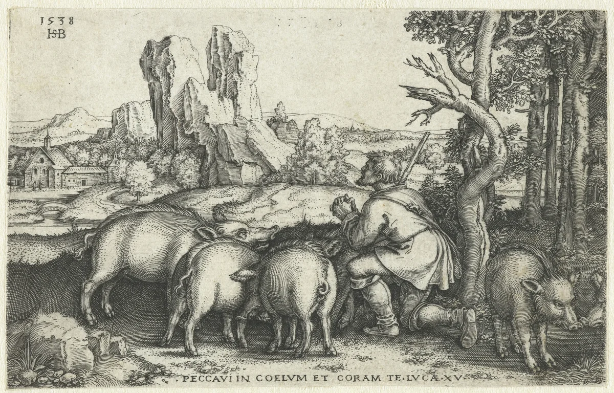 Verloren zoon als varkenshoeder by Unknown, print, 1538