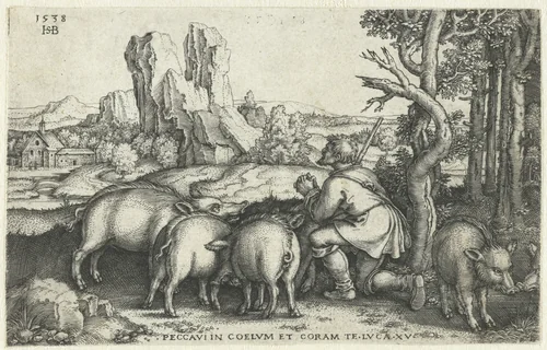 Verloren zoon als varkenshoeder by Unknown, print, 1538