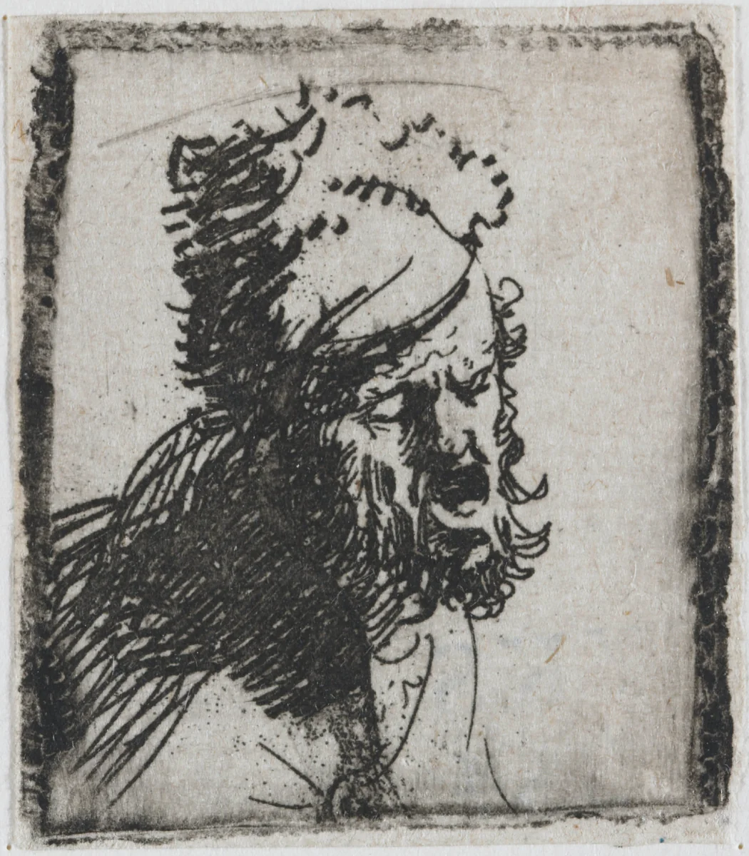 Head of a Man in a Fur Cap, Crying Out by Rembrandt van Rijn, print, 1629