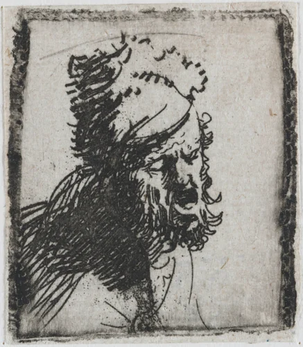 Head of a Man in a Fur Cap, Crying Out by Rembrandt van Rijn, print, 1629