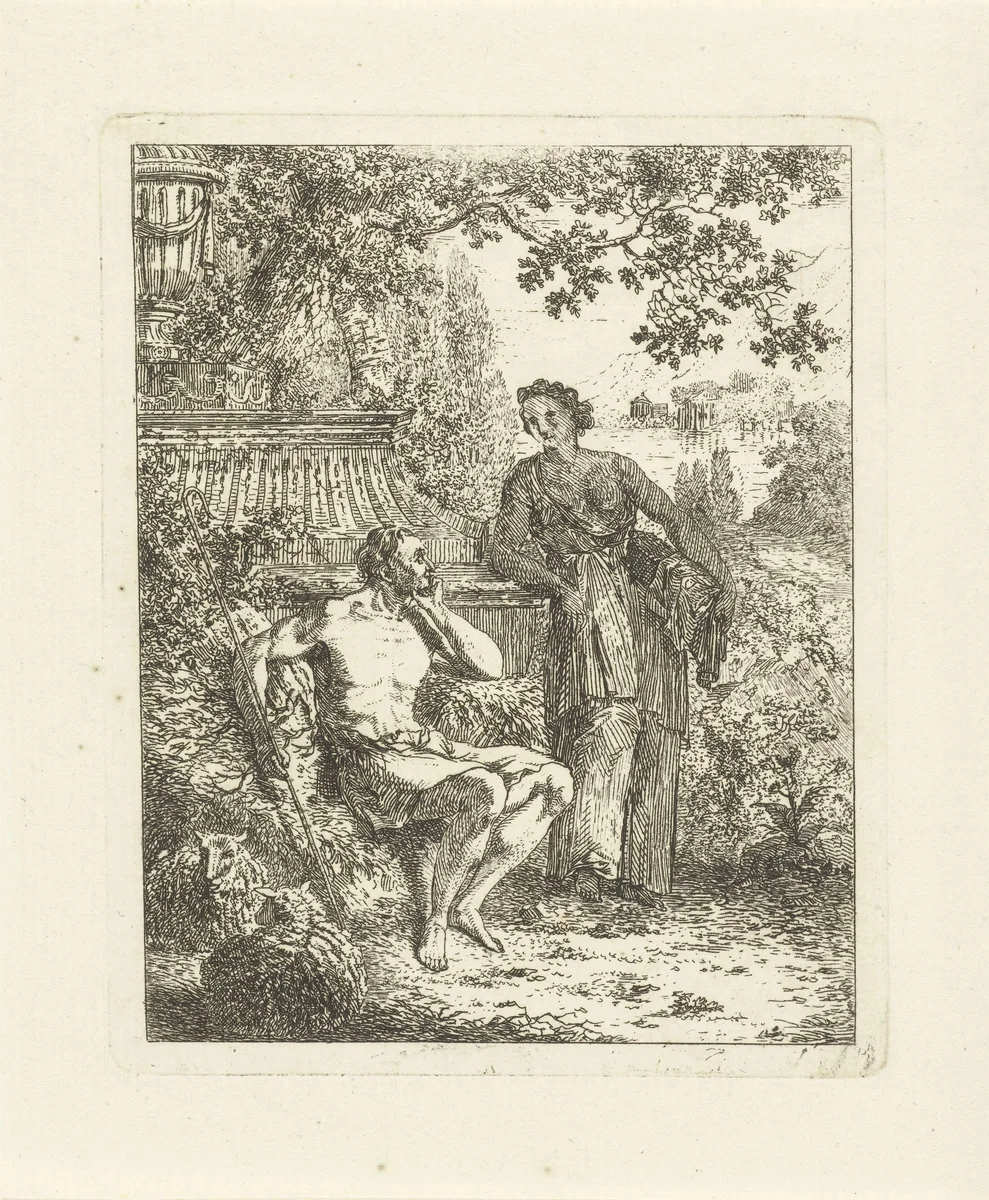 Arcadisch landschap met een herder en een vrouw bij een graftombe by Daniël Dupré, print, 1771-1817