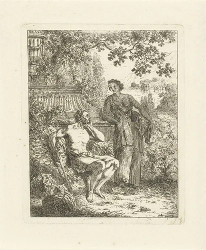 Arcadisch landschap met een herder en een vrouw bij een graftombe by Daniël Dupré, print, 1771-1817