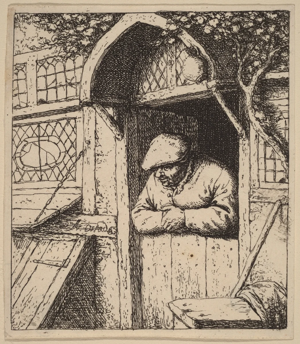Peasant Leaning on His Doorway by Adriaen van Ostade, print, 1648-1658