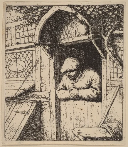 Peasant Leaning on His Doorway by Adriaen van Ostade, print, 1648-1658