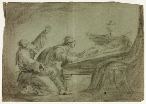 Couple in Antique Dress, Mourning Dead Son by Unknown Artist, drawing, 1700-1799